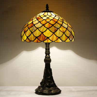 Tiffany Stained Glass Table Lamp 12X12X19 Inch Brown Fish Scales Style Desk Bedroom Living Room Reading Light