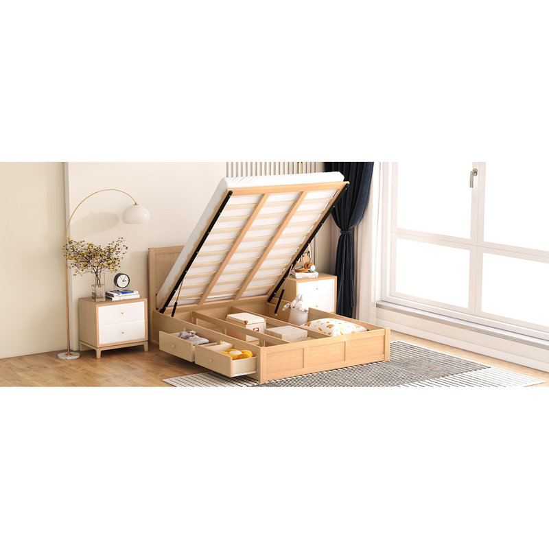 Lit plateforme couleur bois naturel avec compartiments de rangement et 2 tiroirs - Finition de tiroir de chambre stable pour