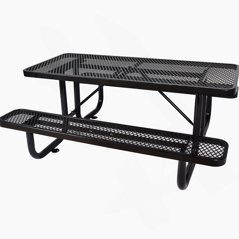 6 pi Table de pique-nique rectangulaire en acier pour l'extérieur, avec mât de parasol