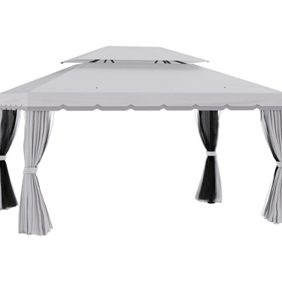 10' X 13' Gazebo, Outdoor Shelter With Netting And Curtains, Aluminum Frame For Garden, Lawn, Backyard, Deck. Double-Tiered Roof Optimal Airflow Privacy. Stable Build. Gray. Versatile Utilization.