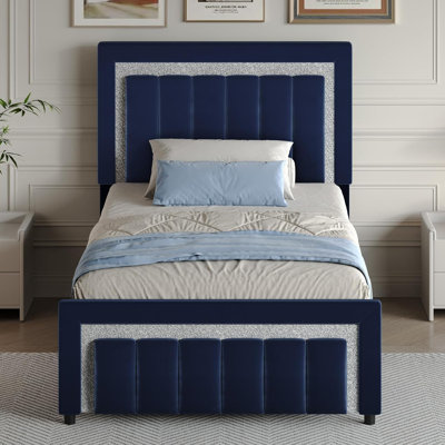Velvet Upholstered Platform Bed Frame with Vertical stripes Headboard and Footboard and Footboard