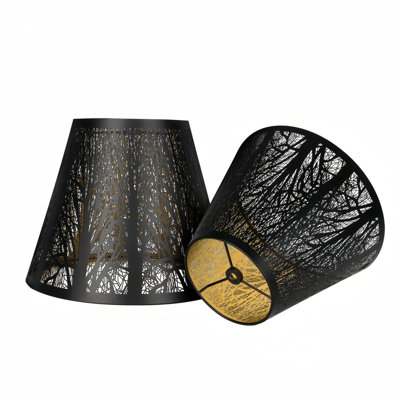 Double Small Lamp Shade Clip On Bulb Set of 2 for Candelabra Bulbs, Alucset Barrel Metal Lampshade with Pattern of Trees for Table Chandelier Wall Lamp 5 x 9x 8 Inch 2 PCS Pack (Black/Gold)