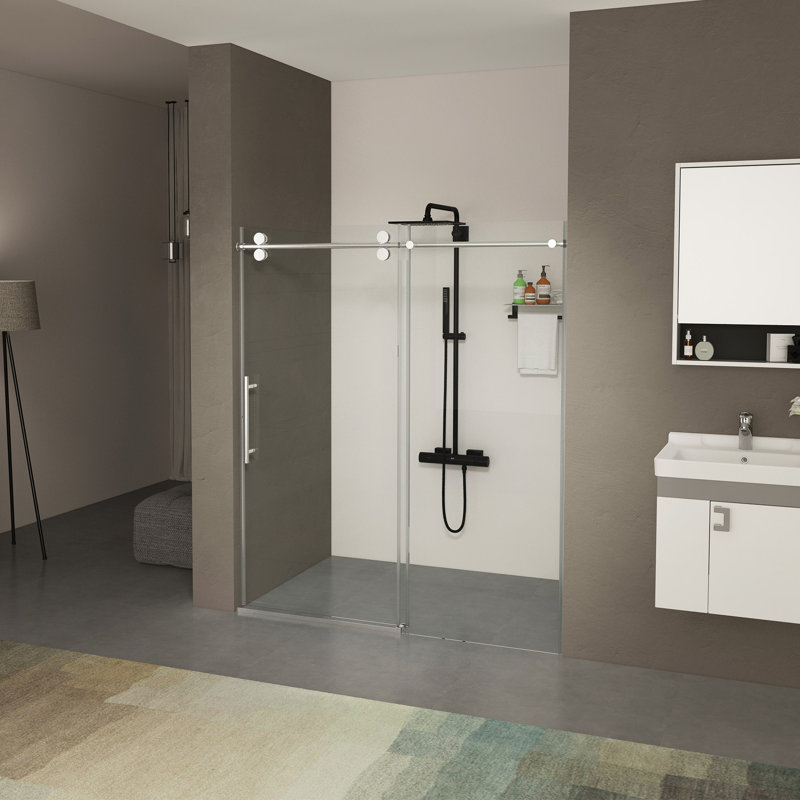 Porte de douche sans cadre de 56 à 60 po x H 76 po, porte de douche coulissante, avec cabine de douche en verre trempé épais de 3/8 po (10 mm) de qualité supérieure, couche facile à nettoyer à double face, finition chromée avec tampon
