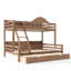 Lit simple superposé au dessus d'un lit double avec tiroirs de rangement, structure en bois massif, garde-corps courbé et tablettes, aucun sommier nécessaire, naturel profond-371575501