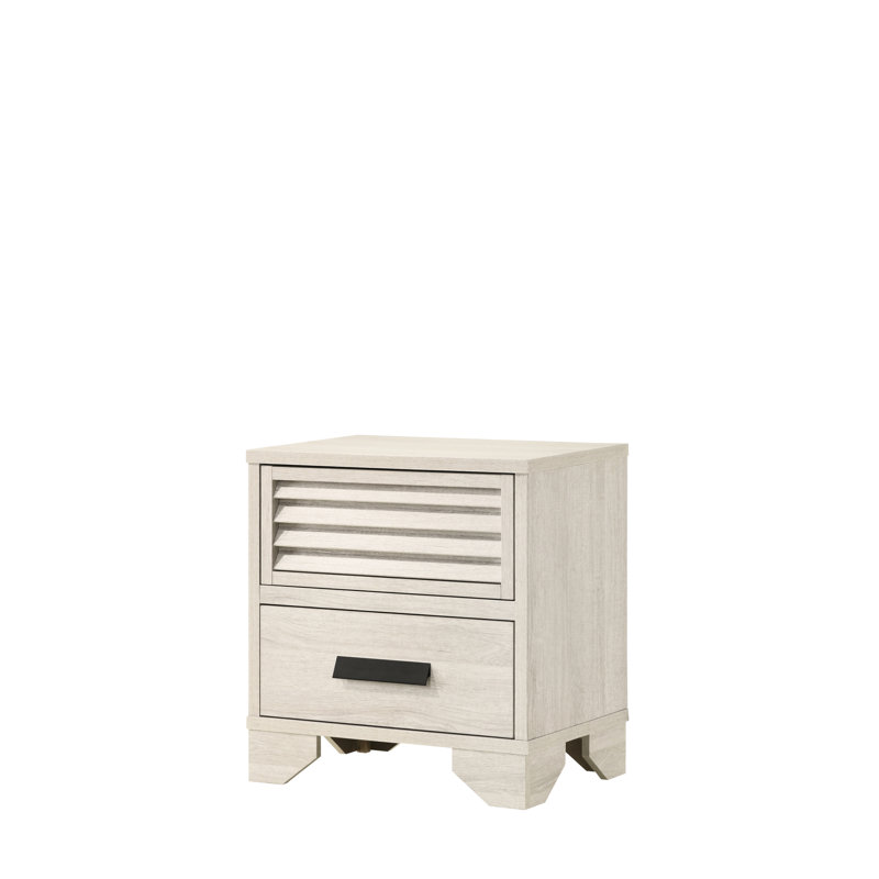 Table de chevet contemporaine pour chambre à coucher, 2 tiroirs, conception à persiennes, quincaillerie à poignée, finition beige, 22,3 po x 16,5 po, 23,7 po, une unité, assemblage sans style 2, Essentiel de chambre à coucher, pièce unique,