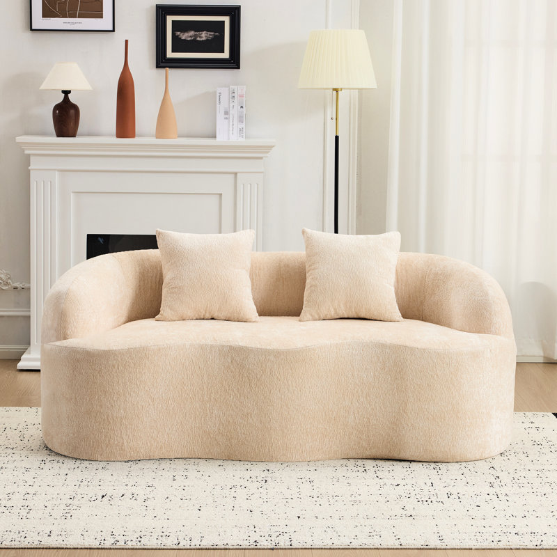 Canapé de compression beige pour petits espaces de bureau, sans assemblage, rembourrage à haute densité crème incurvé avec accoudoir rond et 2 coussins pour chambre à coucher, style élégant