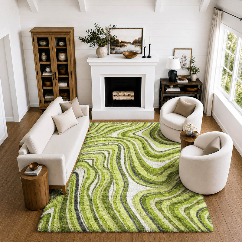 Shag Washable Abstract Indoor Rug, Lime, 8' x 10'