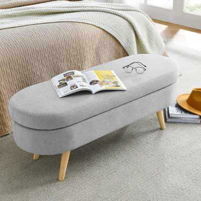 Banc de rangement gris, 43,5 po x 16 po x 16 po, avec des pieds en bois d'hévéa précis - tabouret de pieds et banc ovale gris