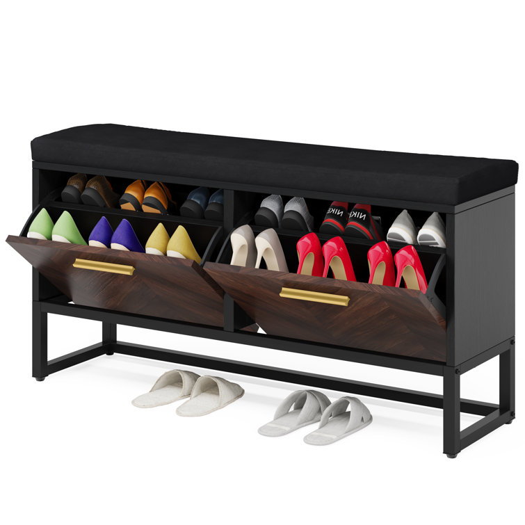 3-Tier Two-Door Shoe Storage Bench, Shoe Rack with Linen Upholstered T –  tripletreebrands