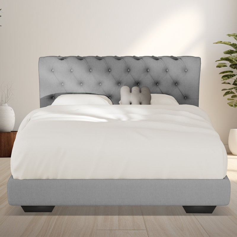 Structure de lit rembourrée en tissu de lin avec tête de lit réglable / style Chesterfield / support à lattes de bois, Gris