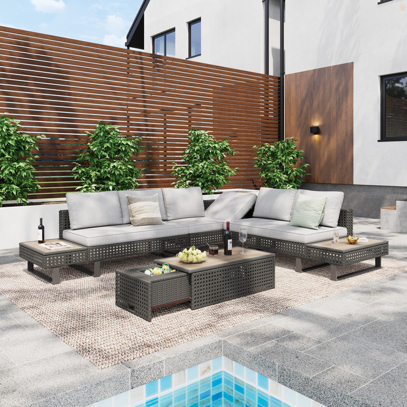 6-Pers Diamond Weave Patio Sectional Furniture Set With Extendable Coffee Table With Ice Bucket, Collapsible Seat,Conversation Set With Side Table And Deep Cushions For Couch, Porch, Backyard