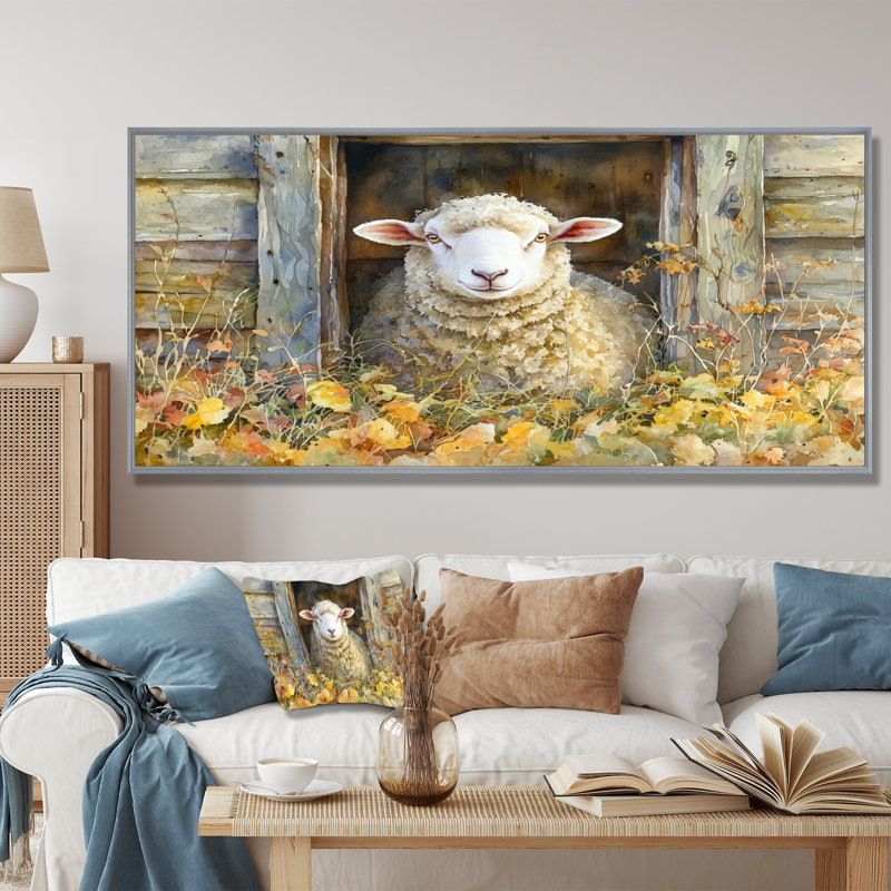 Dulinsky Sheep Floral Portrait At The Barn - Sheep Large, art mural, Argent argent, H 28 po x l 60 po