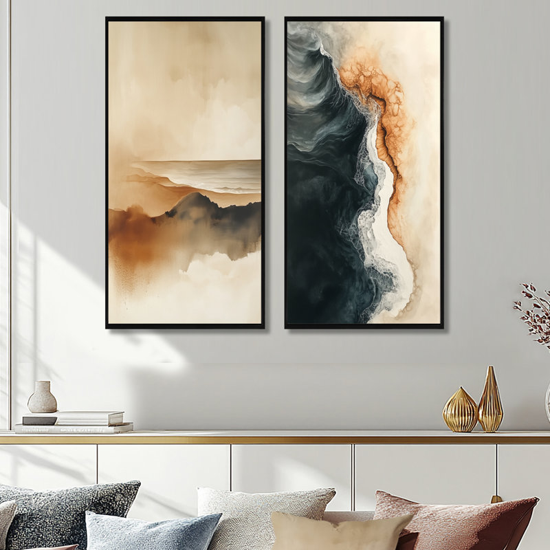 «Coastal Abstract», art mural beige moderne sur toile 2 pièces, sable côtier apaisant, H 40 po x l 40 po, Cadre flottant noir