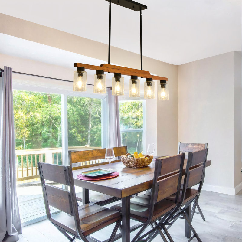 6lights Rustic Wood Linear Pendant Light, Adjustable Farmhouse Chandelier With Seeded Glass Shades For Kitchen Island And Dining Room