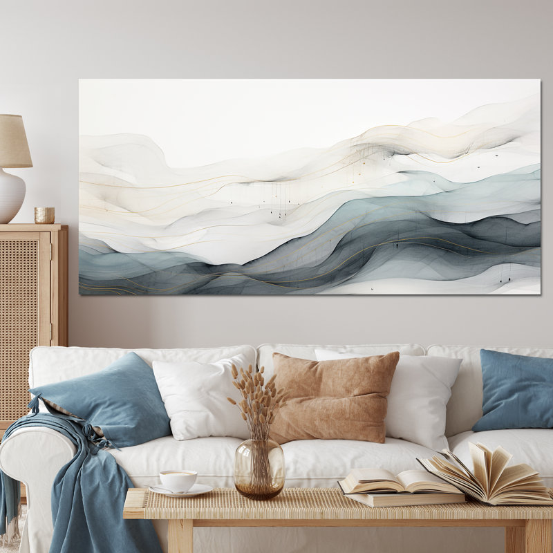Bleu gris, dessin au trait abstrait conceptuel II - Art mural, Toile tendue, H 28 po x l 60 po, Sans cadre