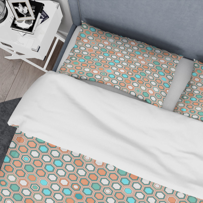 Ensemble de housse de couette rétro hexagonal iii mid-century, Housse de couette très grand + 2 taies décoratives