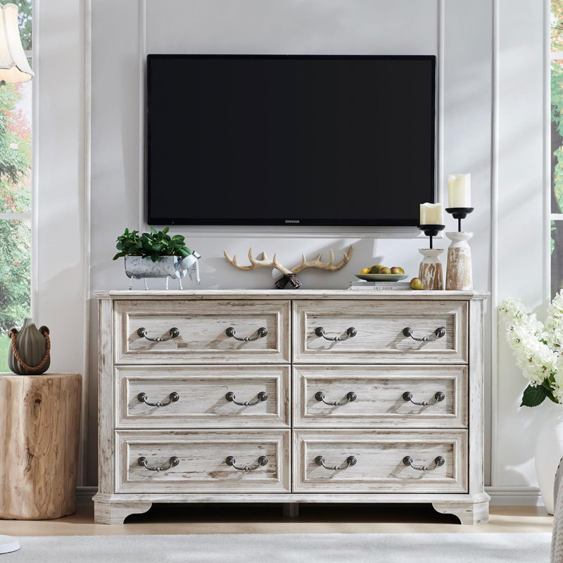 Commode en bois à 6 tiroirs Farmhouse, commode en bois massif, armoire de rangement pour chambre à coucher, Blanc patiné