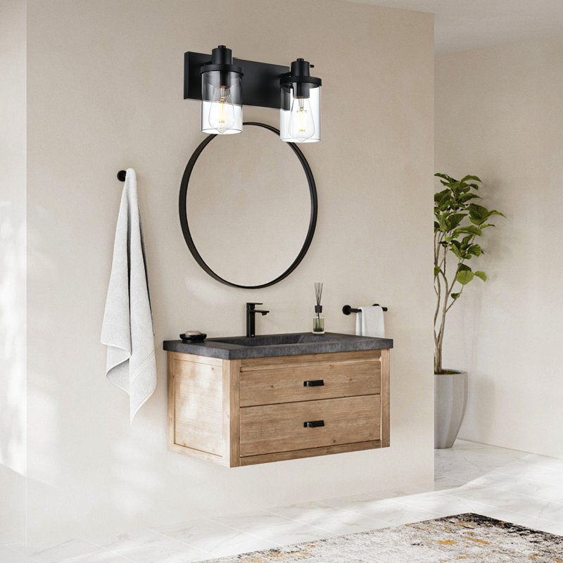 Luminaire de meuble-lavabo pour salle de bain, luminaire pour meuble-lavabo noir mat à 2 lumières avec abat-jour en verre transparent, luminaire pour meuble-lavabo de ferme, luminaires de salle de bain sur miroir