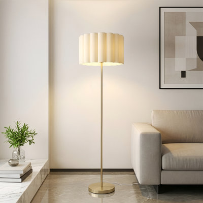Estelle 65" Brass Modern LED Floor Lamp With Fabric Drum Shade, Bulb Included