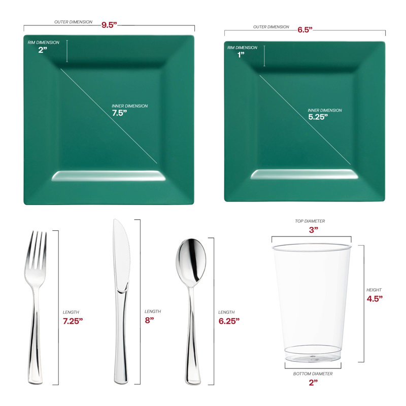Hunter Green Square Plastic Plates Wedding Value Set - 30 Settings