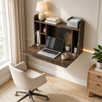 Space Saving Fold Down Wall Desk, Dark Brown Floating Laptop Table for Study & Living Room