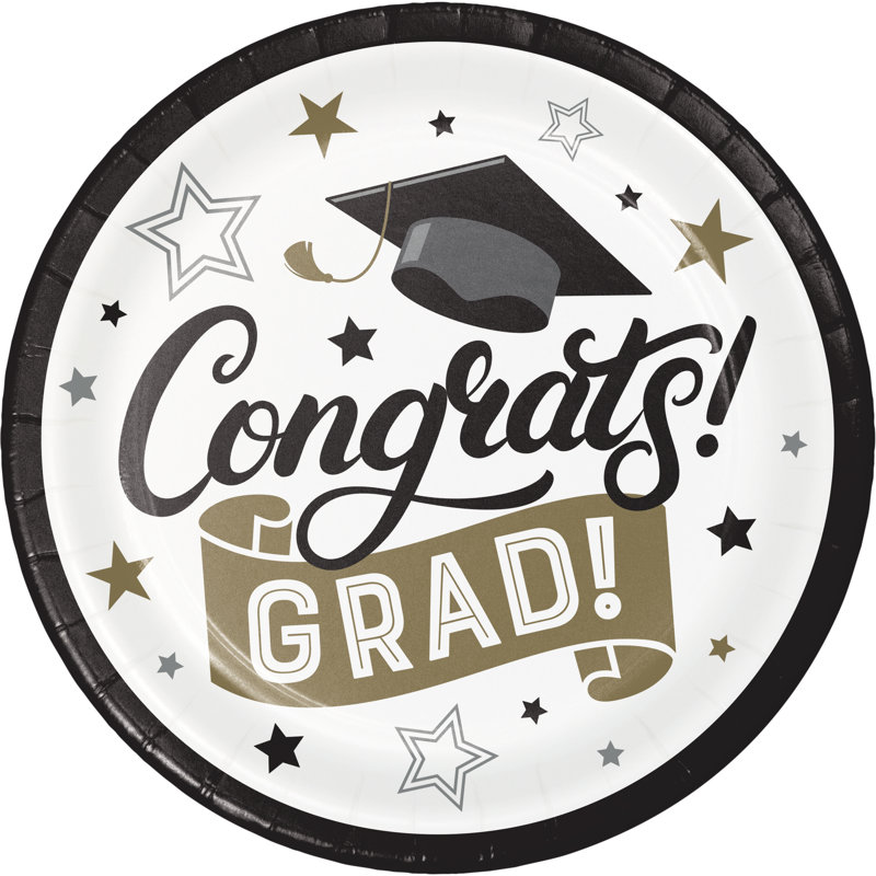 Creative Converting Glamorous "Congrats Grad" Black and Gold Graduation Paper Plates, 24 ct