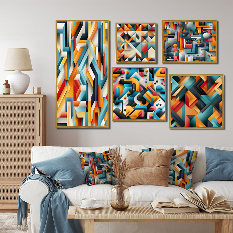 Conayr - ensemble de 5 reproductions d'art sur toile géométrique, Cadre flottant doré