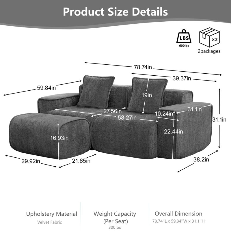Canapé modulaire en L à 2 places avec passepoil à bordure française, sans assemblage requis, canapé en velours avec coussins décoratifs et repose-pieds mobile