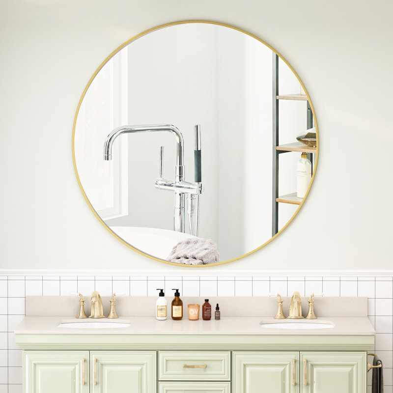 42" Metal Framed Gold Bedroom Mirror, Wall Mounted For Bathroom, Living Room Decoration, Vanity Mirror Round Bedroom, Decoration
