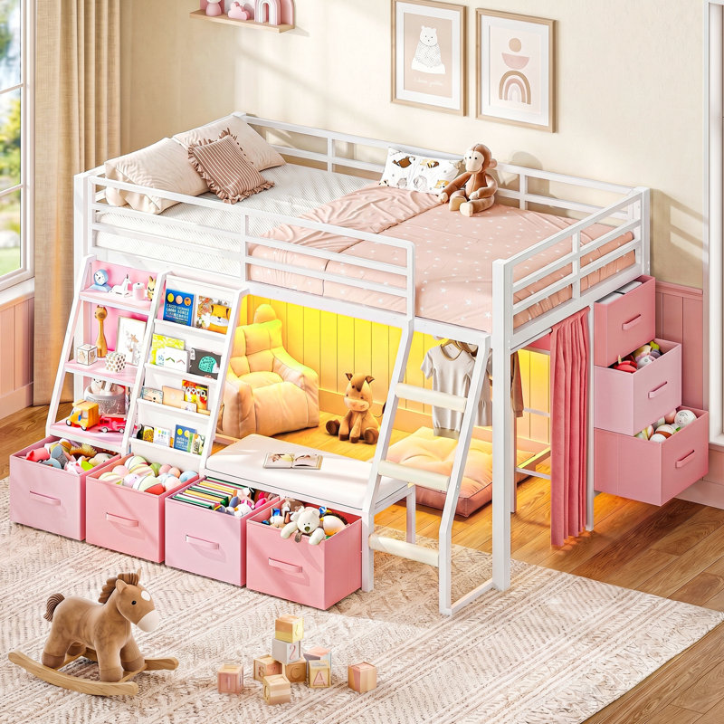 Low Loft Bed with Built-in Cushioned Seat & LED Reading Corner & 7 Storage Drawers & Bookshelves Metal Under-bed Play House Captain Bed with Curtain