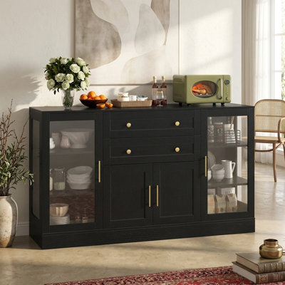 58" Modern Buffet Sideboard with 4 Doors 2 Drawers Power Outlet Adjustable Shelves and Acrylic Panels