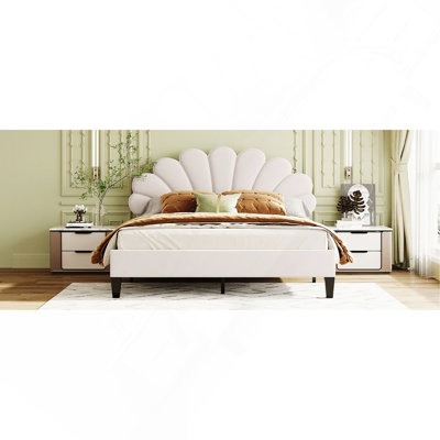 Queen Size Upholstered Platform Bed, Floral Pattern Velvet Headboard
