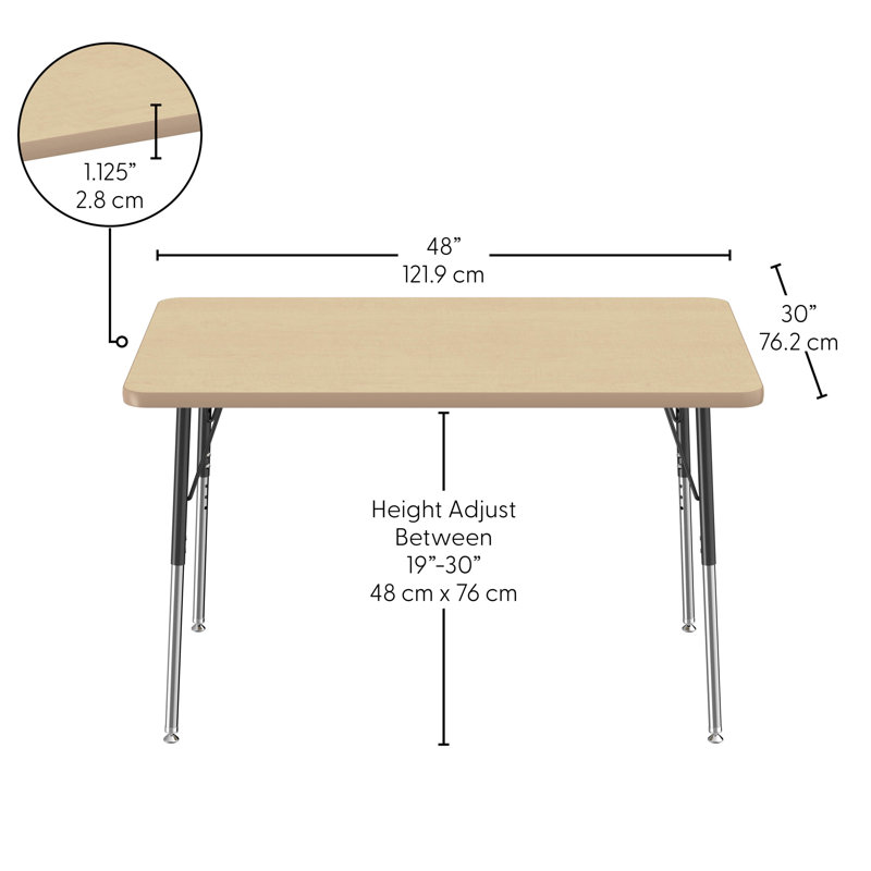 Table rectangulaire d'activité rectangulaire avec pieds réglables, Roulement pivotant standard, 30" x 48", Maple
