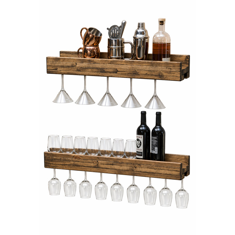 Ensemble de 2 porte-bouteilles muraux avec porte-verres à chargement latéral, tablettes flottantes en bois massif avec rangement en verre, noyer foncé 36 pouces