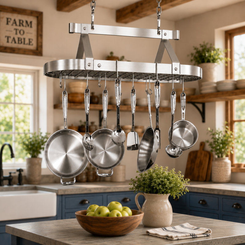 Handcrafted French Oval Ceiling Pot Rack, 22" H x 36.5" W x 17" D, Stainless Steel