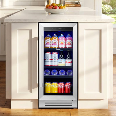 Yeego 15" Beverage Refrigerators & Coolers, 80-Can Capacity Built-In/ Freestanding Cooler for Under Counter Use with Blue LED Light and Adjustable Fridge Shelves