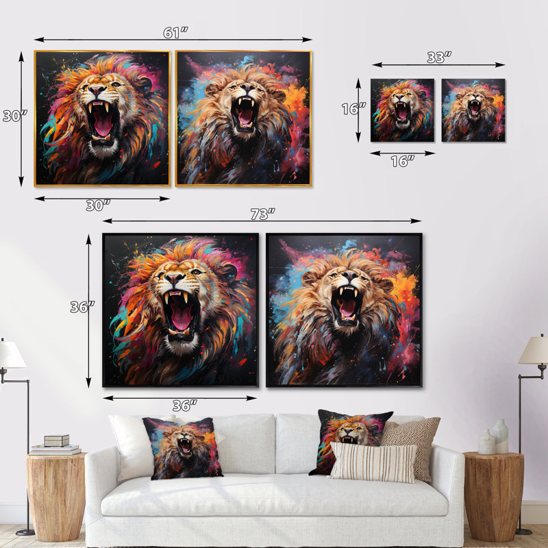 Popart Lion Roarn - Ensemble de 2 animaux animaux, Cadre flottant noir, H 16 po x l 33 po