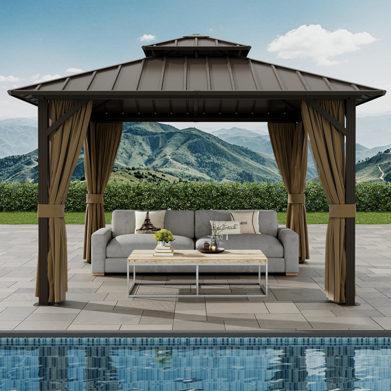 12 x 12 ft Hardtop Gazebo, Outdoor Aluminum Frame Galvanized Steel Double Roof Pavilion With Netting And Shaded Curtains, Permanent Metal Pergolas For Patio, Backyard, Deck And Lawns.