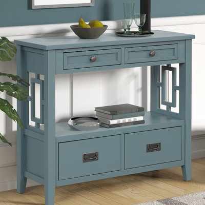 Console bleue 36 po avec 4 tiroirs et tablette de rangement pour chambre à coucher 36 po