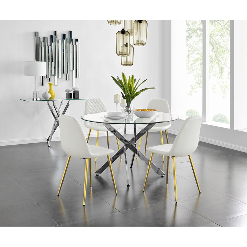 Tierra Chrome Metal and Glass Round Dining Table Set with 4 Faux Leather Upholstered Dining Chairs, White, Gold
