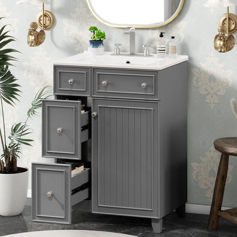 Meuble-lavabo 24 po avec lavabo en céramique, Gris/argent