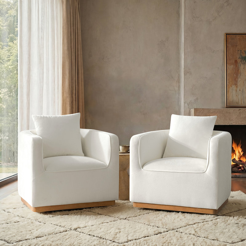 Fauteuil demi-tonneau pivotant moderne en bois massif avec coussin de dossier l 32,75 po Berklie, Ivoire ivoire