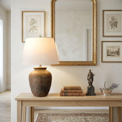 22in Rustic Ceramic Jar Table Lamp, Farmhouse Bedside Lamp, Vintage Textured Finish For Bedroom, Living Room, Office