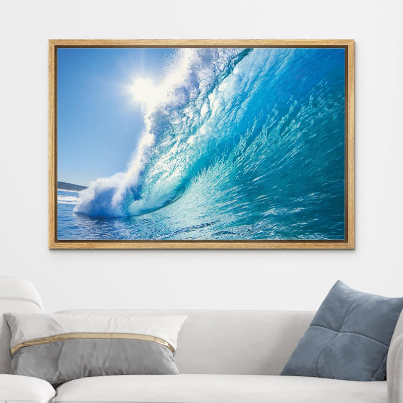 «Coastal Beach Surf a Tropical Blue Wave», art sur toile, H 24 po x l 36 po, Cadre naturel flottant
