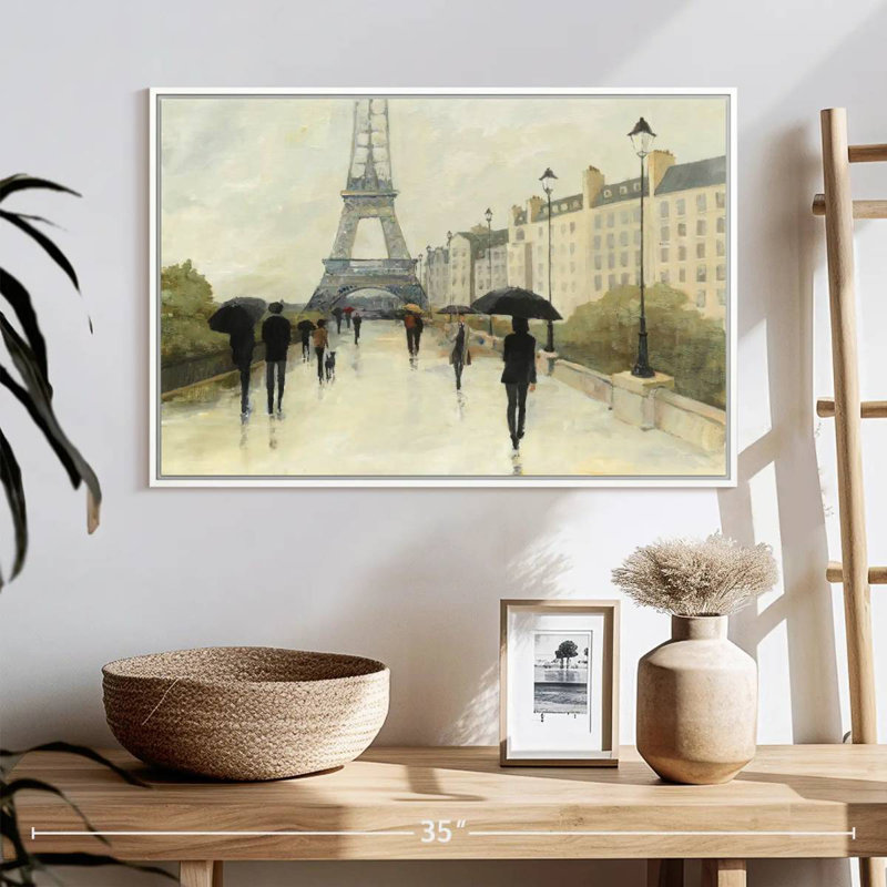 Eiffel sous la pluie, 25 po x 17 po, Cadre flottant blanc