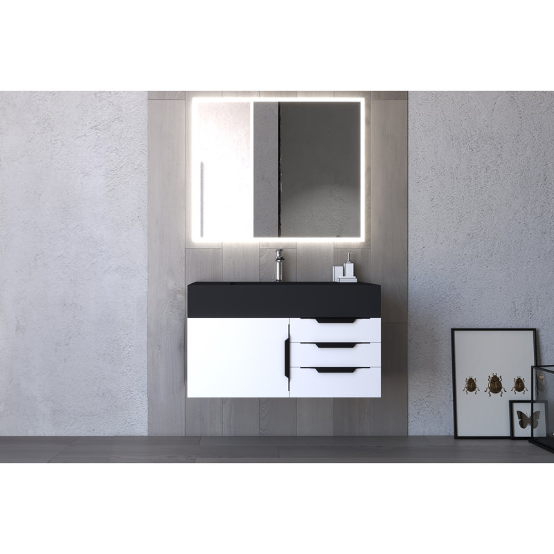 Modern 36" Wall-Mounted Single Bathroom Vanity Set with Mirror, White, Black, Black