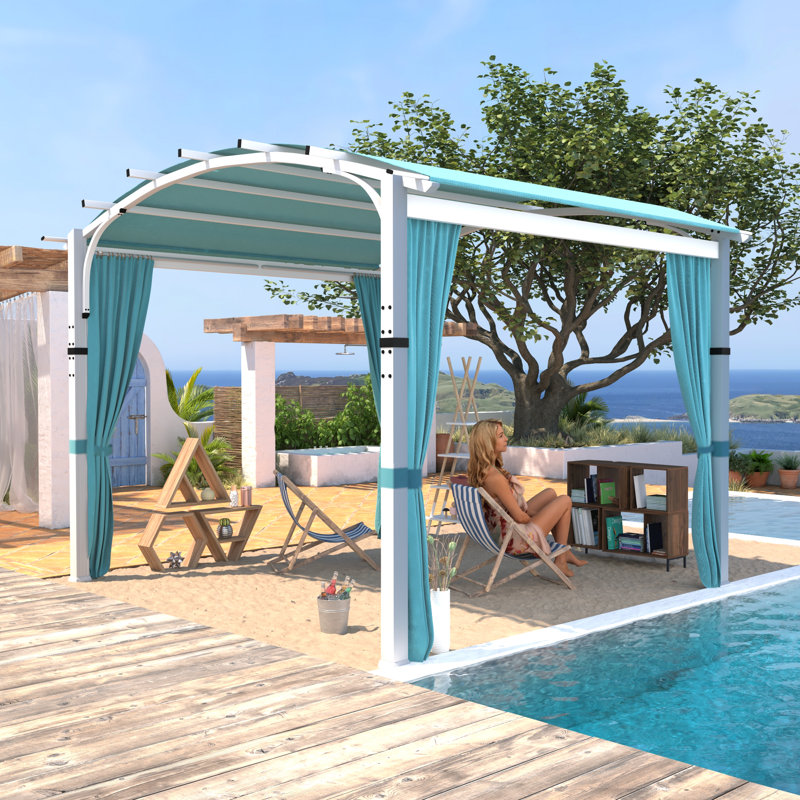 Pergola arquée d'extérieur 11 'x 10' avec auvent et rideaux - Structure en acier de qualité supérieure pour la cour / terrasse / porche, protection UV + intimité et ventilation