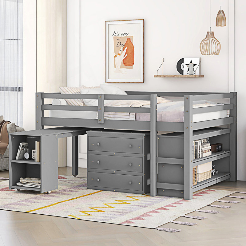 Lit mezzanine double bas avec cabinet, tablettes et bureau portatif à roulettes, lit multifonctionnel, gris