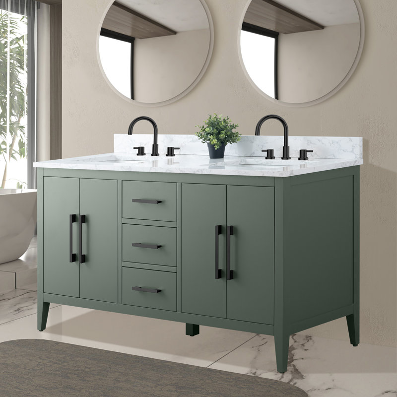 Ensemble de meuble-lavabo double 60 po avec plateau en marbre Chambery, Noir mat, Vert rétro