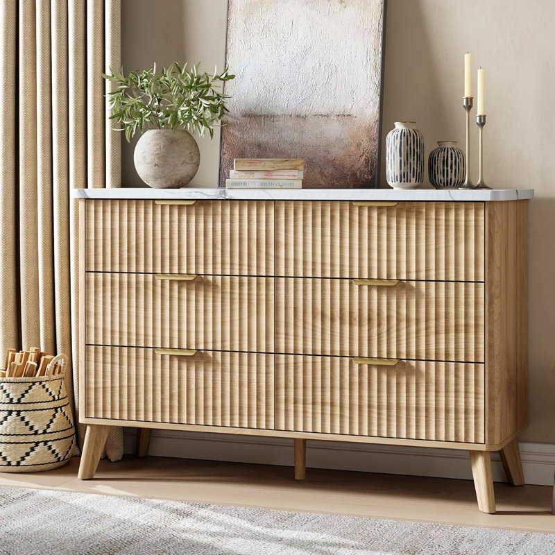 Fluted Dresser with 6 Deep Drawers, 47.2" Tall Chest of Drawers with Faux Marble Top, Yellow